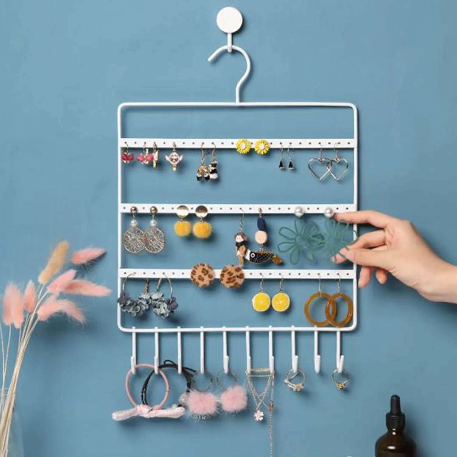 0594 Lightweight & Wall Mounted Earrings Organizer / HANGER for Tangle Free Hanging for Women, 66 Holes - 10 Hooks (metal)