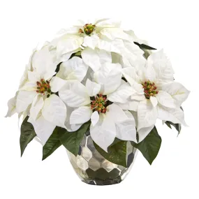 14" Artificial Poinsettia Arrangement in Designer Silver Bowl, Low Maintenance, Life-Like & Vibrant Silk Flowers For Busy People.