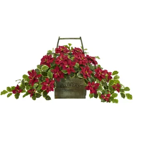 18" Artificial Poinsettia & Holly Plant Arrangement in Vintage Decorative Basket (Real Touch) - Low Maintenance, Life-Like & Vibrant Silk Flowers For Busy People.