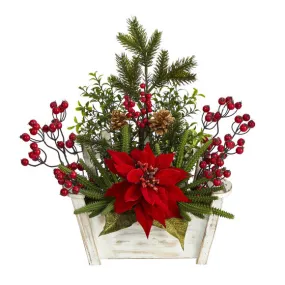 18" Artificial Poinsettia, Succulent & Berry Arrangement in Bench Planter - Low Maintenance, Life-Like & Vibrant Silk Flowers For Busy People.