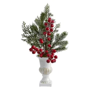 19' Artificial Iced Pine and Berries Arrangement in White Urn - Low Maintenance, Life-Like & Vibrant Silk Flowers For Busy People.