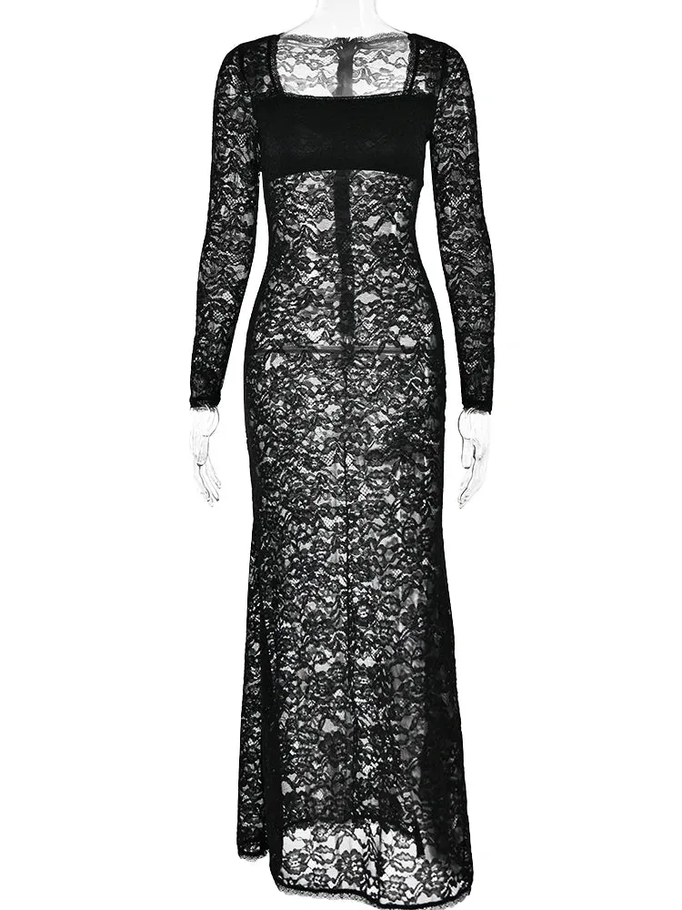 2024 Fantoye Sexy See Through Lace Long Sleeve Floral Maxi Dress