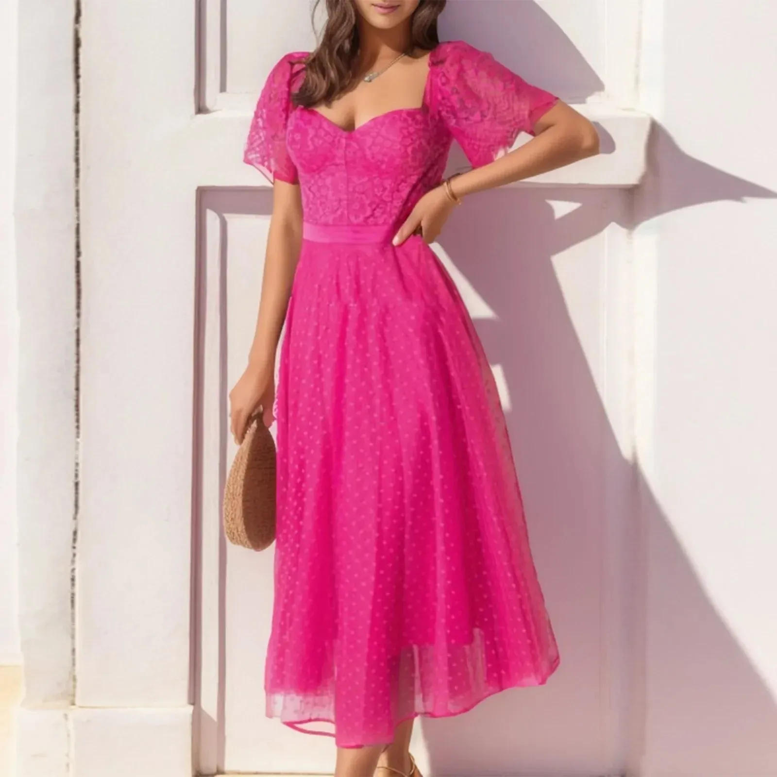 2024 High Waist Vintage Square Collar Tulle Long Summer Midi Dress