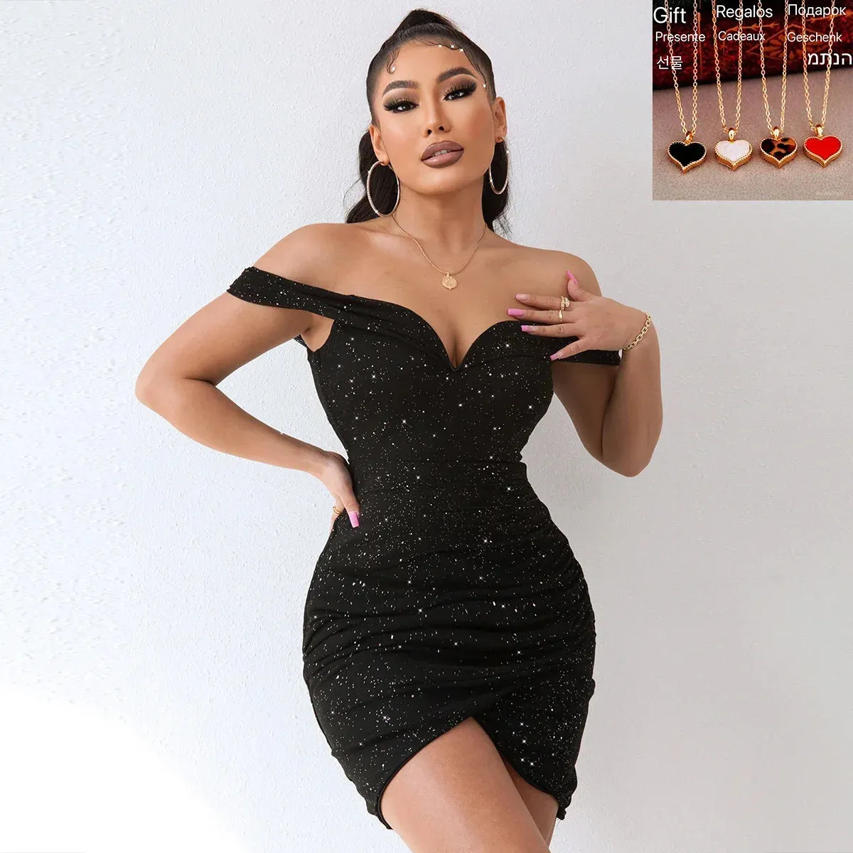 2024 New Glitter Off Shoulder Clothing Backless Sexy Party Club Slim Ruched Bodycon Dress