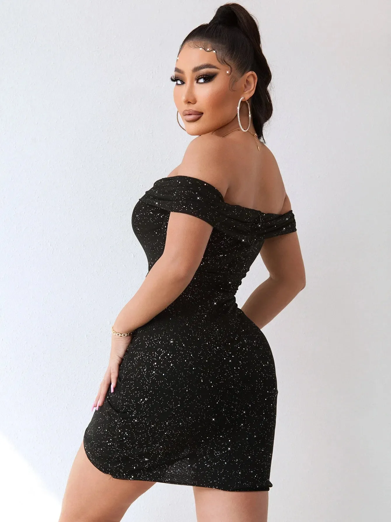 2024 New Glitter Off Shoulder Clothing Backless Sexy Party Club Slim Ruched Bodycon Dress