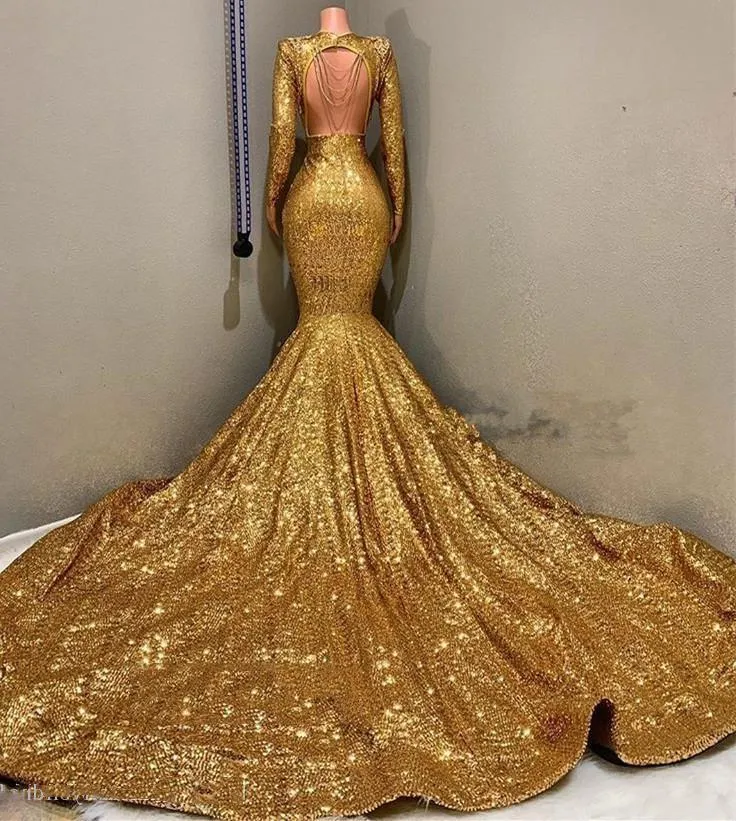 2024 Sexy Mermaid Gold V Neck Backless Long Sleeves Sequence African American Prom Dresses