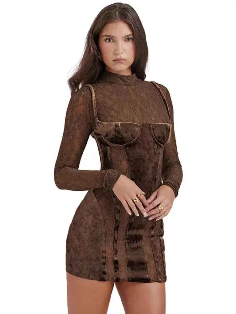 2024 Spring Diamond Velvet Lace Hollow Long Sleeve Patchwork See Through Dress