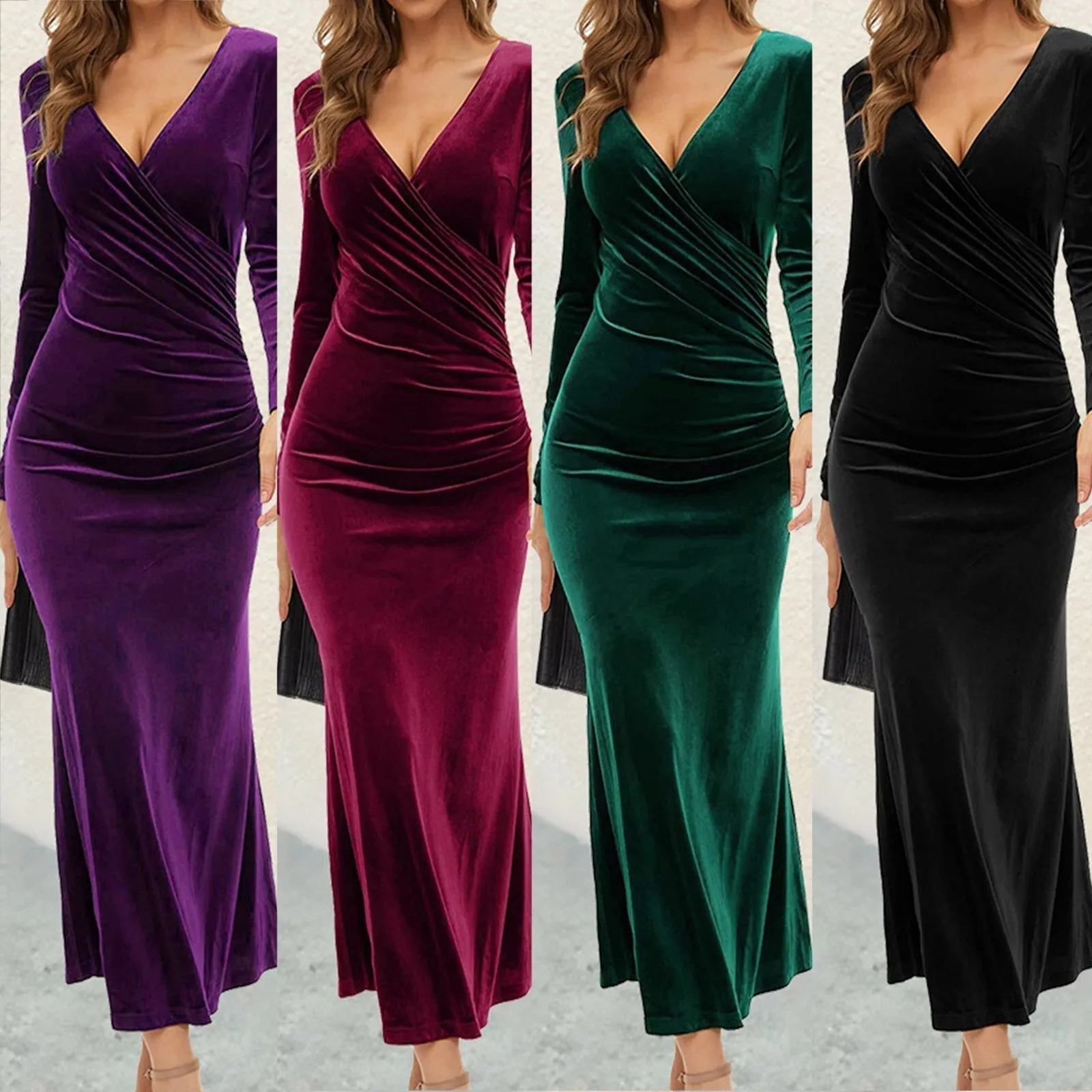 2024Slim Fit Ruched Velvet Evening Midi Dress