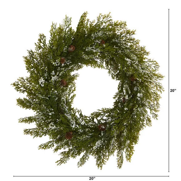 20" Snowed Artificial Cedar Wreath with Pine Cones