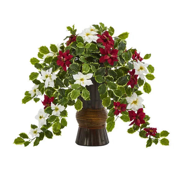 22.5' Artificial Poinsettia & Holly Plant in Decorative Planter (Real Touch) - Low Maintenance, Life-Like & Vibrant Silk Flowers For Busy People.