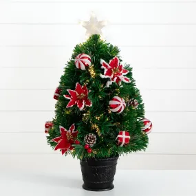 24" Pre-Lit Fiber Optic Artificial Christmas Tree with Ornaments, Poinsettia and Star Topper