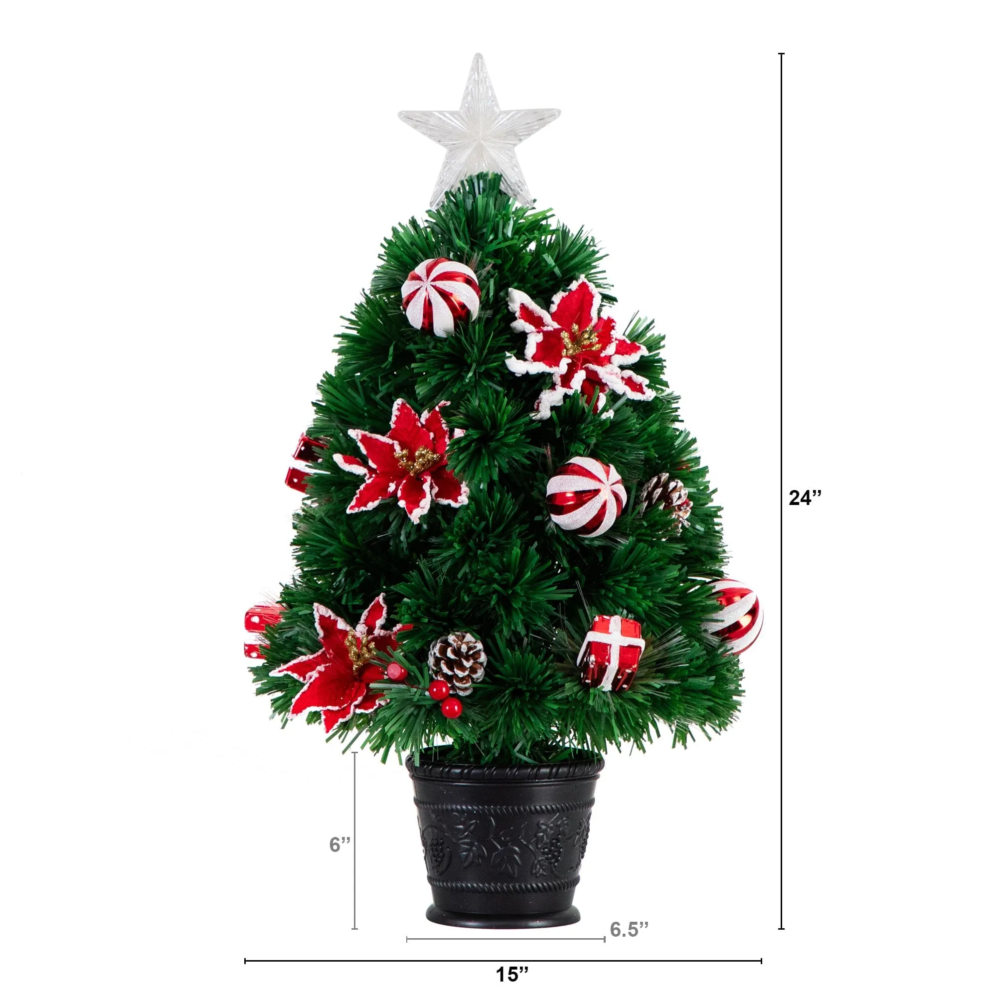 24" Pre-Lit Fiber Optic Artificial Christmas Tree with Ornaments, Poinsettia and Star Topper