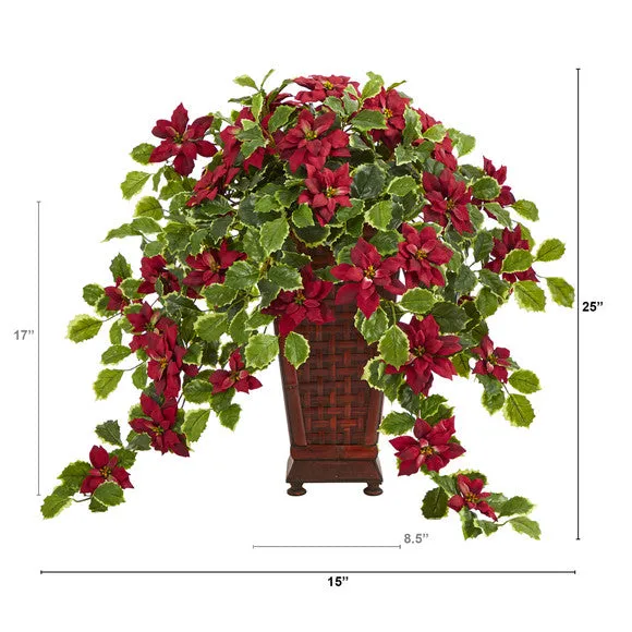 25" Artificial Poinsettia & Variegated Holly Plant in Planter (Real Touch) - Low Maintenance, Life-Like & Vibrant Silk Flowers For Busy People.