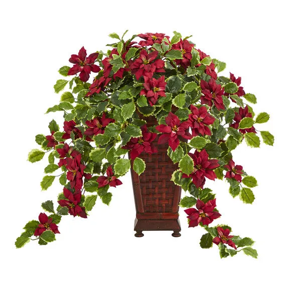 25" Artificial Poinsettia & Variegated Holly Plant in Planter (Real Touch) - Low Maintenance, Life-Like & Vibrant Silk Flowers For Busy People.