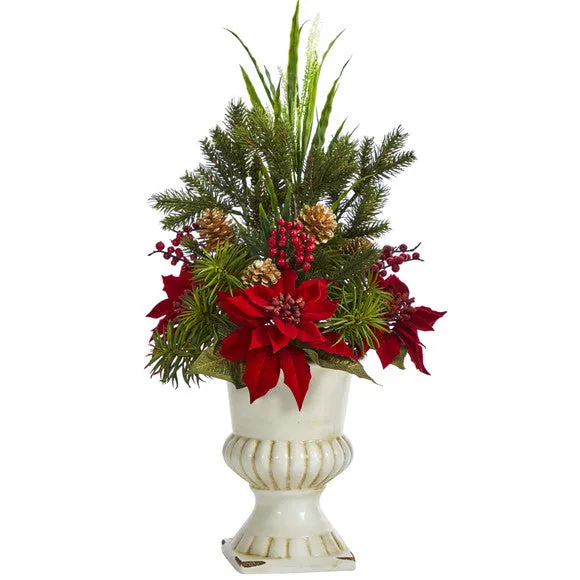 28" Artificial Poinsettia, Grass & Succulent Arrangement in White Urn - Low Maintenance, Life-Like & Vibrant Silk Flowers For Busy People.