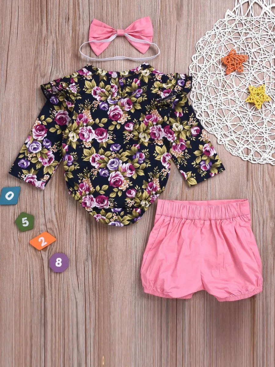 3-Piece Chic Clothes Outfit Set Flutter Sleeve Flower Romper Pink Shorts Bow Headband