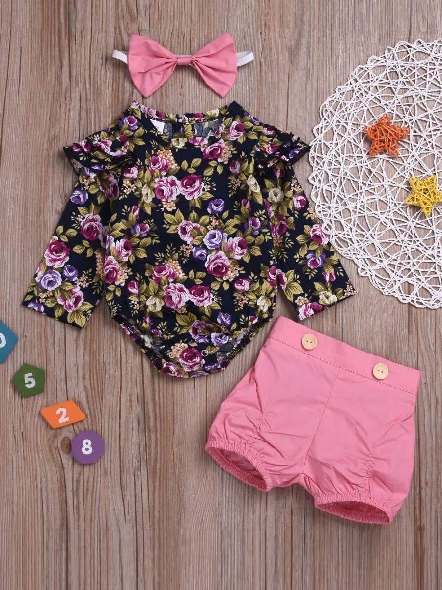 3-Piece Chic Clothes Outfit Set Flutter Sleeve Flower Romper Pink Shorts Bow Headband