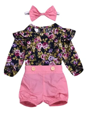 3-Piece Chic Clothes Outfit Set Flutter Sleeve Flower Romper Pink Shorts Bow Headband