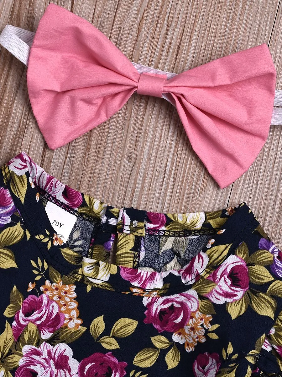 3-Piece Chic Clothes Outfit Set Flutter Sleeve Flower Romper Pink Shorts Bow Headband