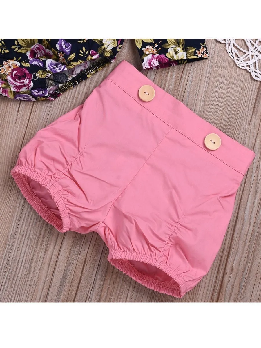 3-Piece Chic Clothes Outfit Set Flutter Sleeve Flower Romper Pink Shorts Bow Headband