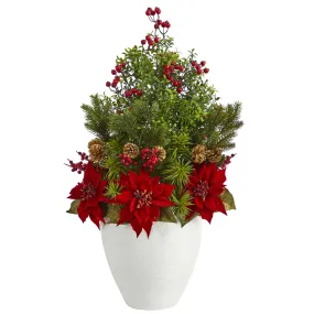 32" Artificial Poinsettia, Boxwood & Succulent Arrangement in White Vase - Low Maintenance, Life-Like & Vibrant Silk Flowers For Busy People.