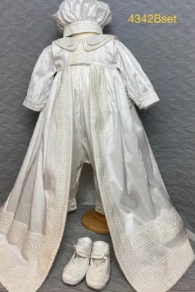 4342B Boys Satin Christening Romper and Cape Set