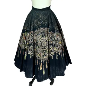 50s VTG Circle Skirt Black Gold Mayan Calendar Colorful sz L/XL Rockabilly Dance