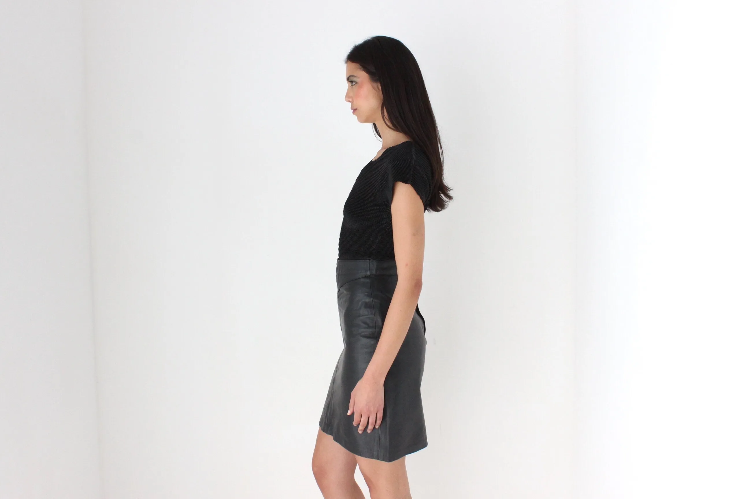 80s Black Leather Mini Pencil Skirt