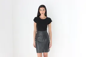 80s Black Leather Mini Pencil Skirt