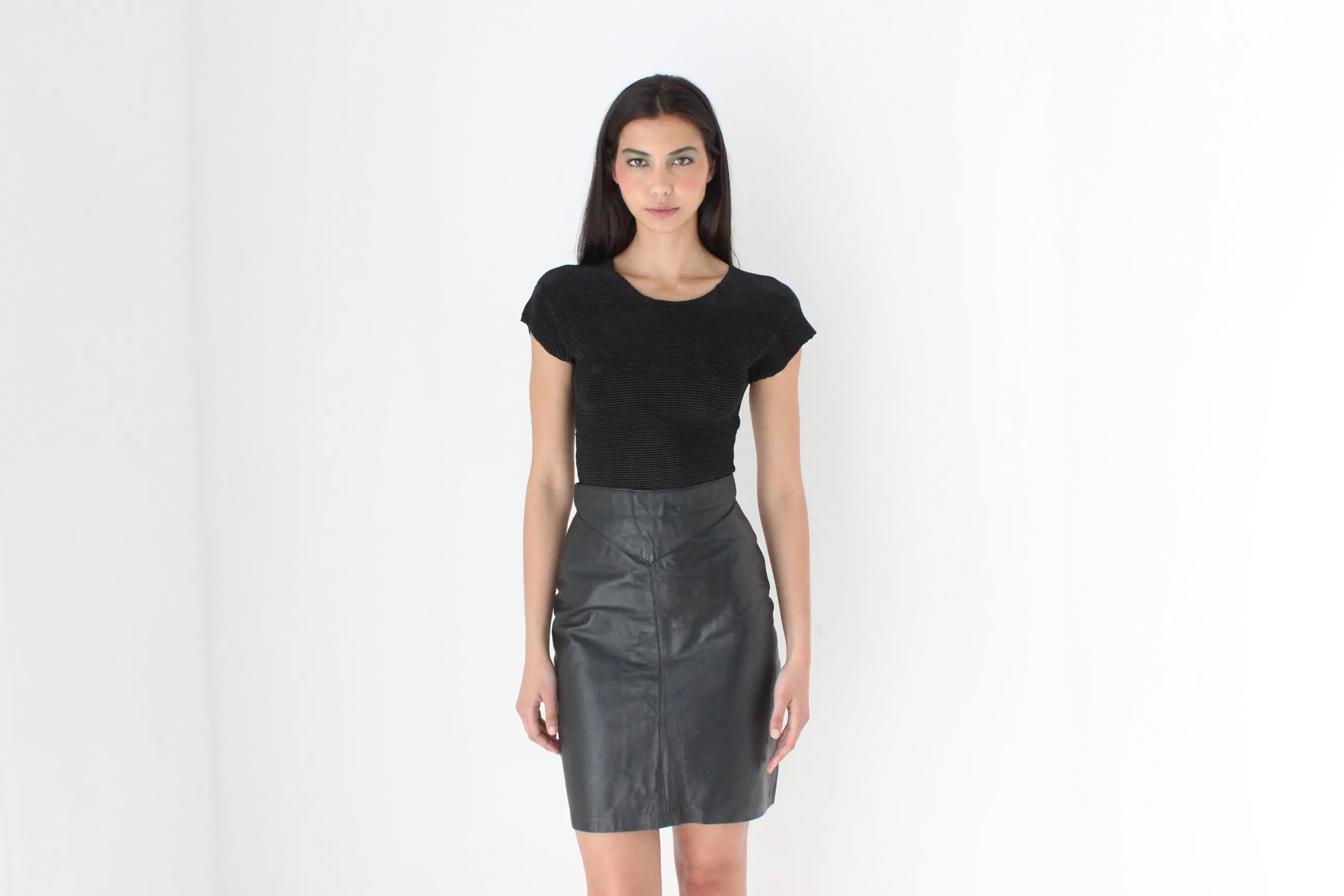 80s Black Leather Mini Pencil Skirt