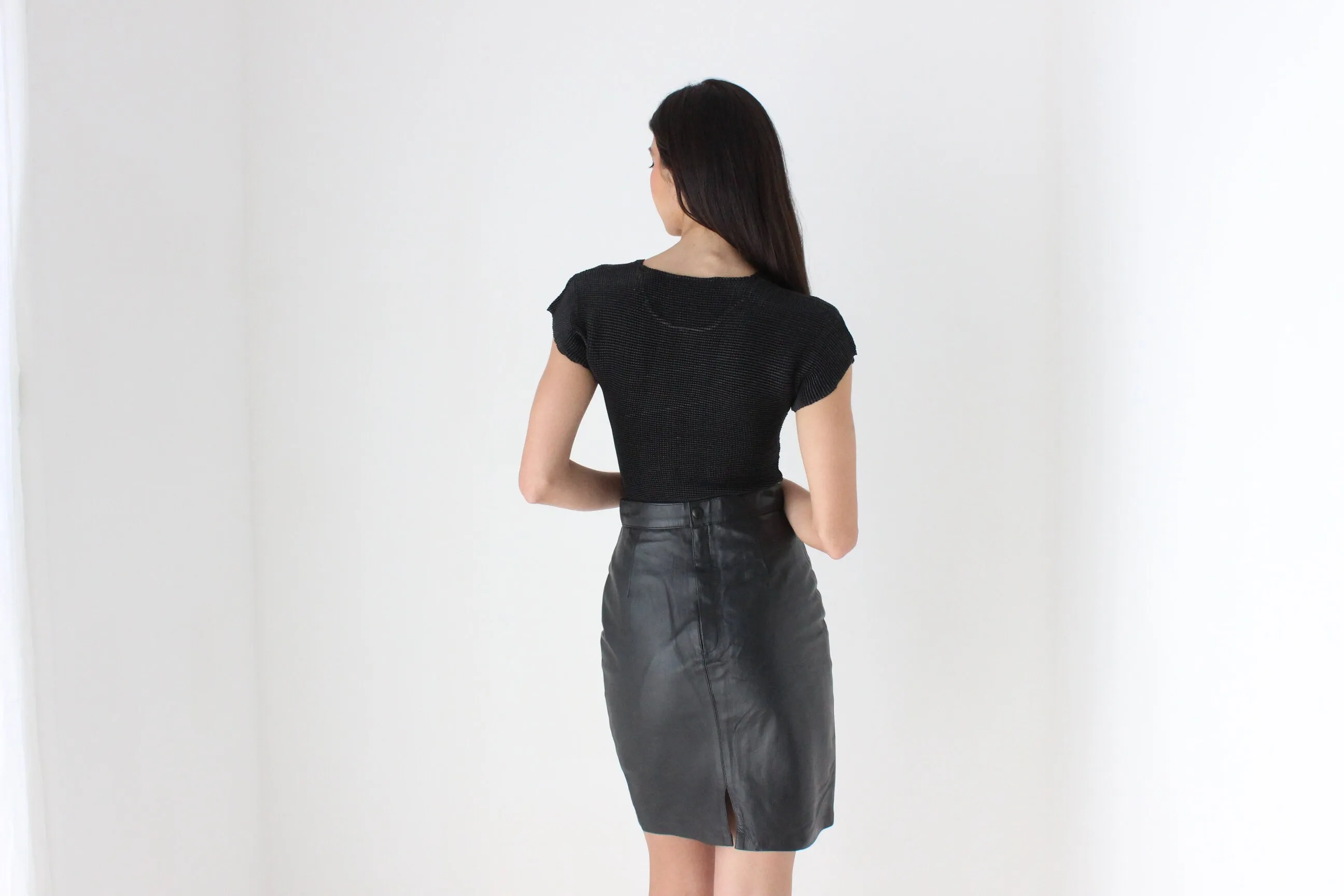 80s Black Leather Mini Pencil Skirt