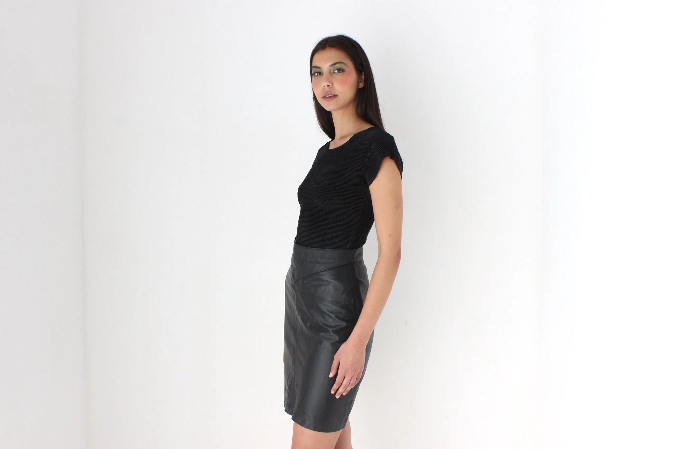 80s Black Leather Mini Pencil Skirt