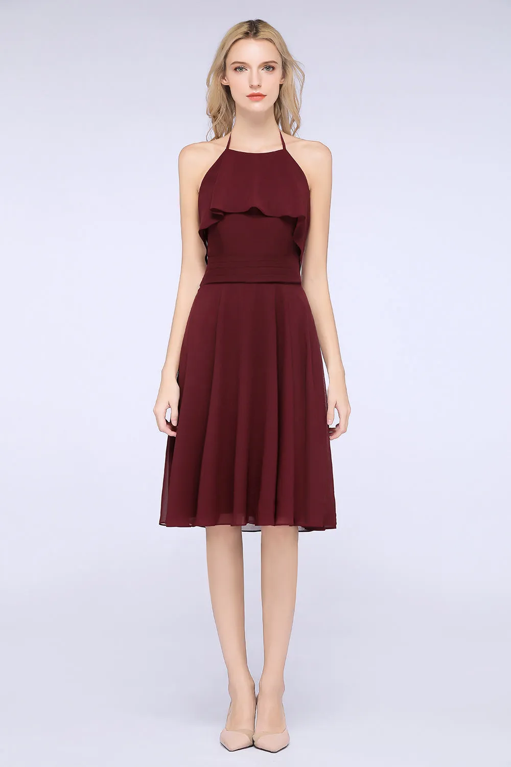 A-Line Chiffon Halter Sleeveless Short Bridesmaid Dress with Ruffles