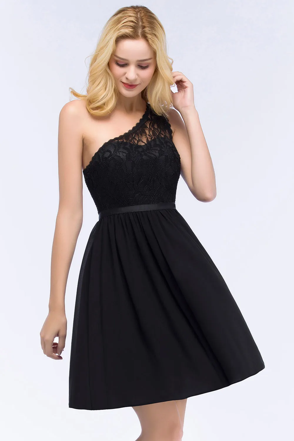 A-Line Chiffon Lace One shoulder Short Bridesmaid Dresses with Sash