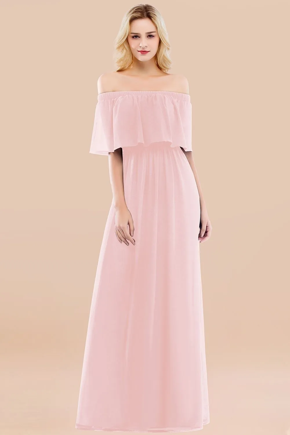 A-line Chiffon Off the Shoulder Ruffles Long Bridesmaid Dress with Sleeves