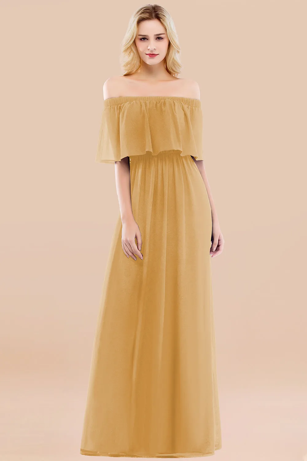 A-line Chiffon Off the Shoulder Ruffles Long Bridesmaid Dress with Sleeves