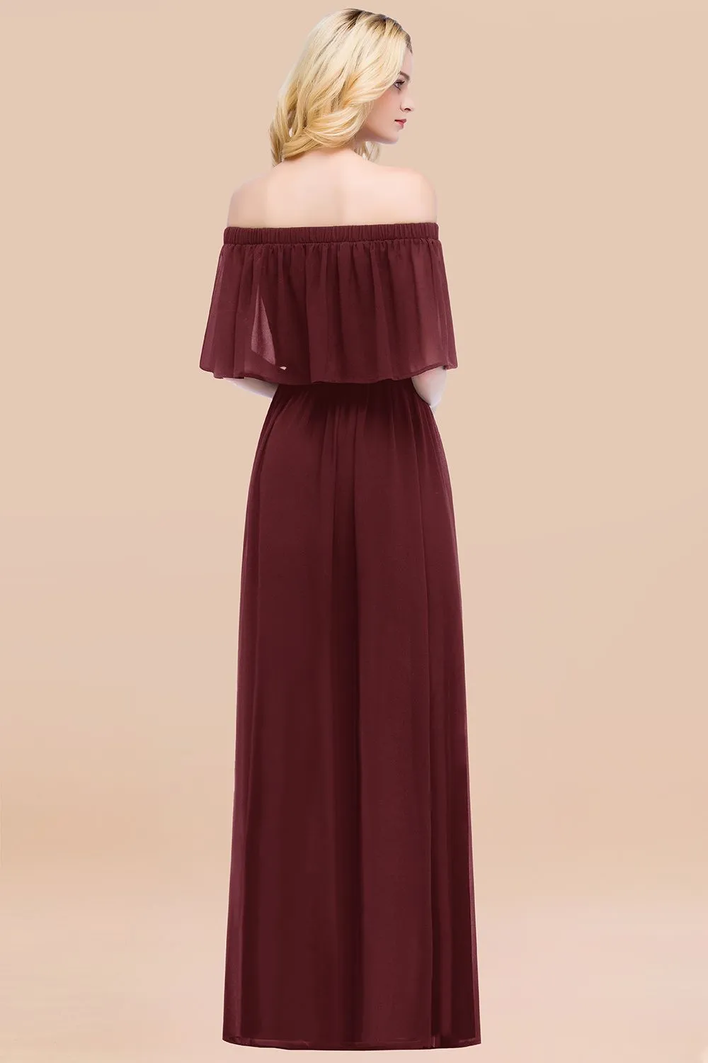 A-line Chiffon Off the Shoulder Ruffles Long Bridesmaid Dress with Sleeves