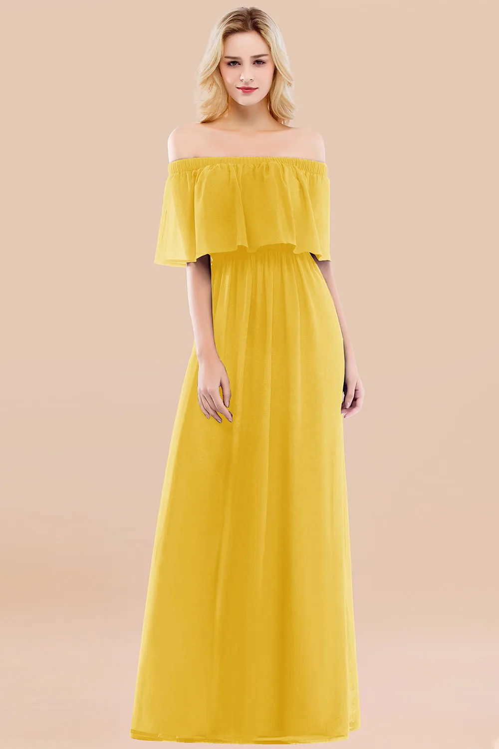 A-line Chiffon Off the Shoulder Ruffles Long Bridesmaid Dress with Sleeves