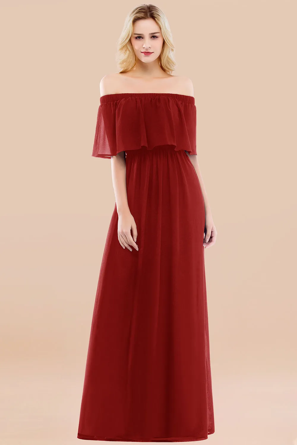 A-line Chiffon Off the Shoulder Ruffles Long Bridesmaid Dress with Sleeves