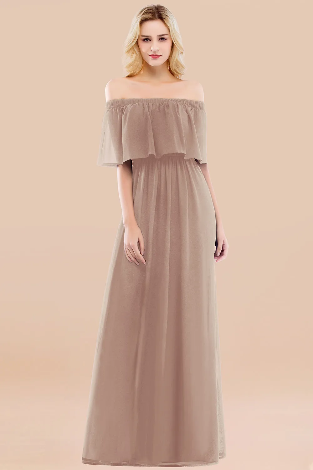 A-line Chiffon Off the Shoulder Ruffles Long Bridesmaid Dress with Sleeves