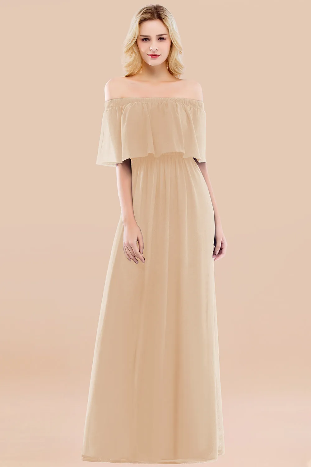 A-line Chiffon Off the Shoulder Ruffles Long Bridesmaid Dress with Sleeves