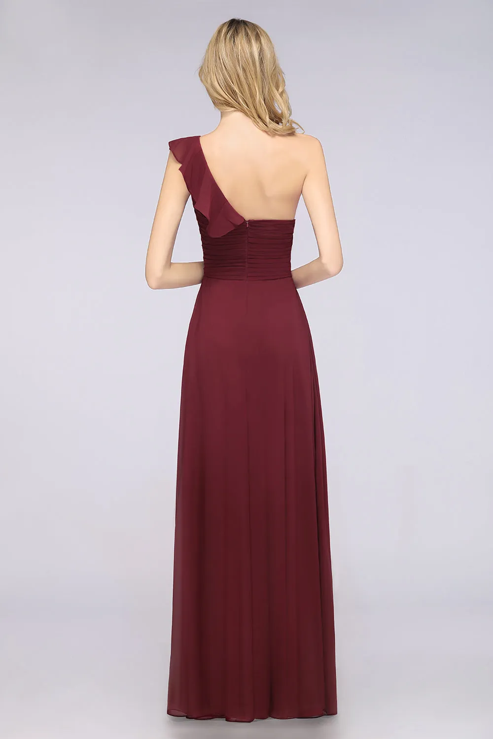 A-Line Chiffon One-Shoulder Sweetheart Long Bridesmaid Dress with Slit