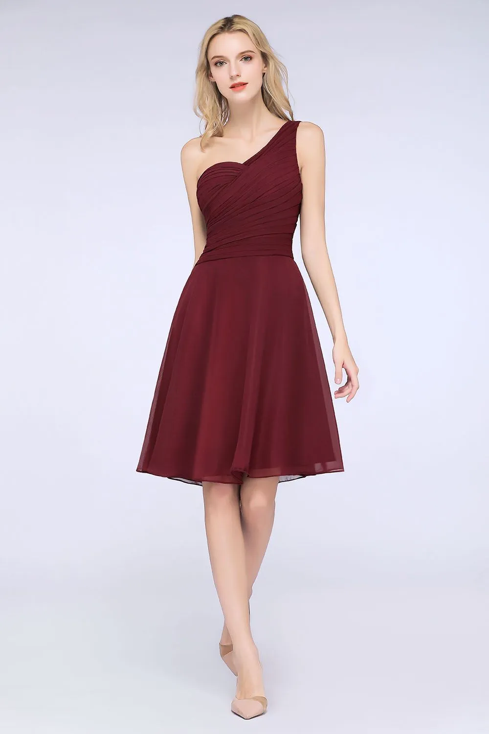 A-Line Chiffon One Shoulder Sweetheart Sleeveless Short Bridesmaid Dress