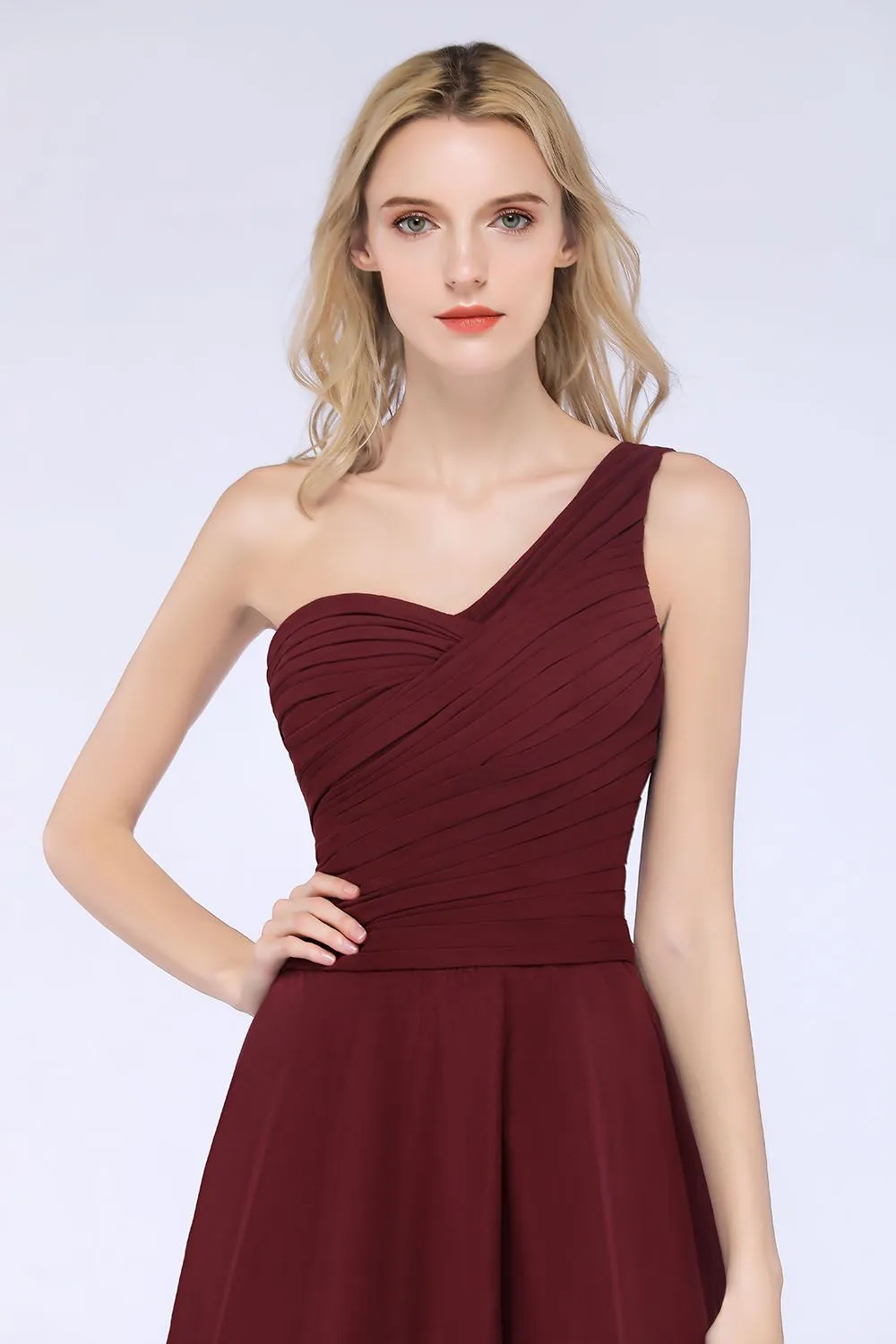 A-Line Chiffon One Shoulder Sweetheart Sleeveless Short Bridesmaid Dress