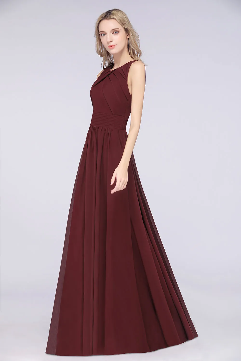 A-Line Chiffon Round-Neck Sleeveless Long Bridesmaid Dress with Ruffles