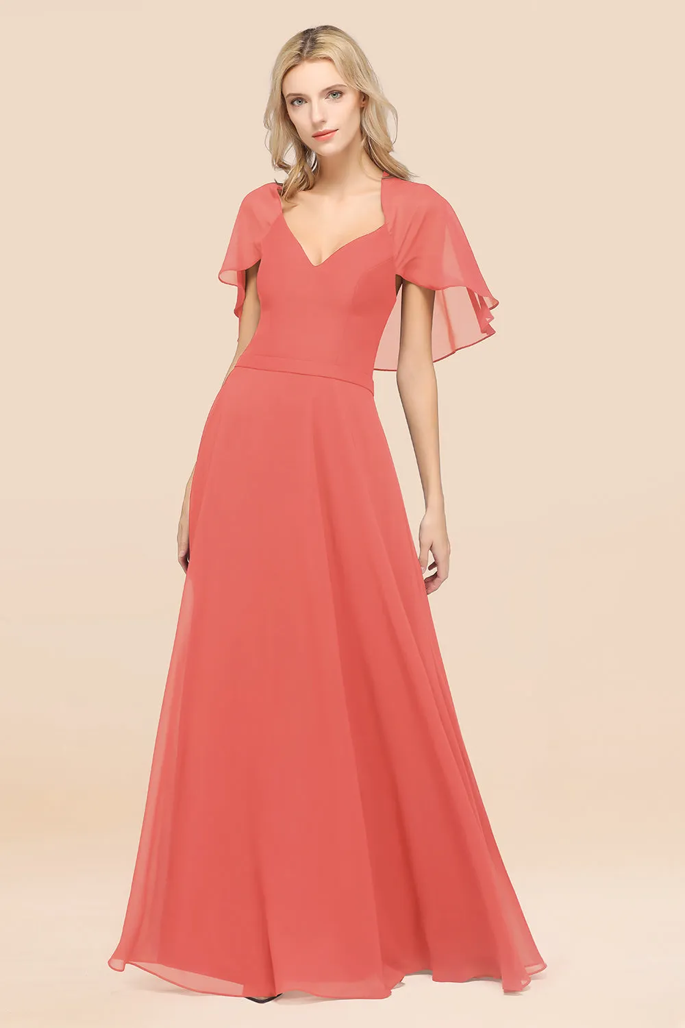 A-Line Chiffon Satin V-Neck Long Bridesmaid Dress with Sleeves