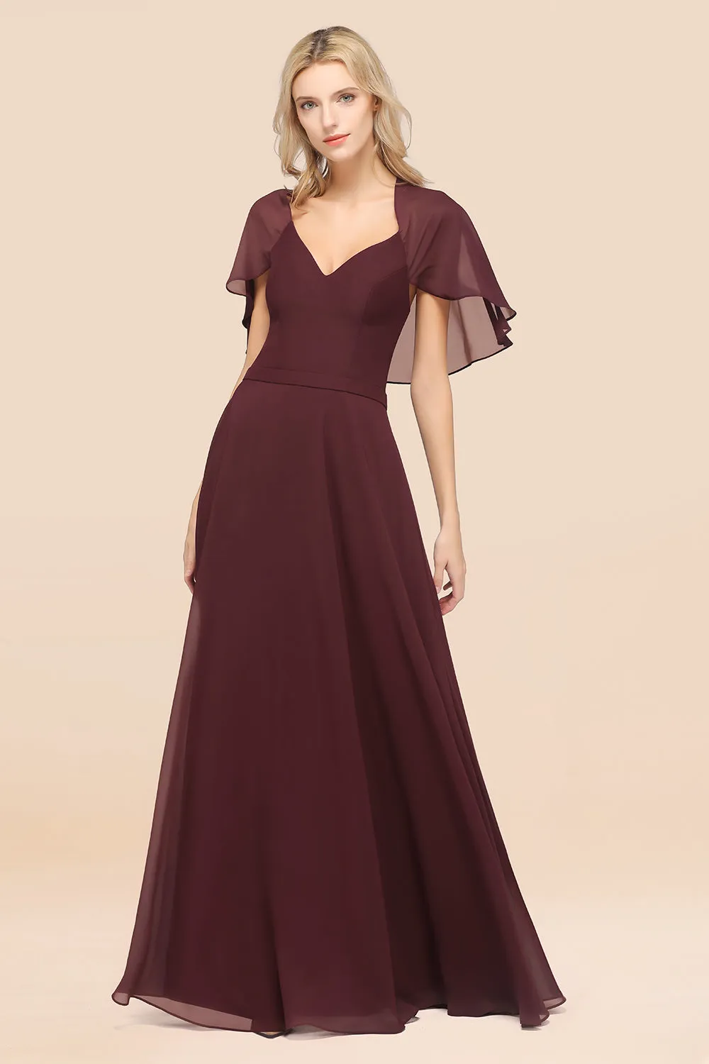 A-Line Chiffon Satin V-Neck Long Bridesmaid Dress with Sleeves