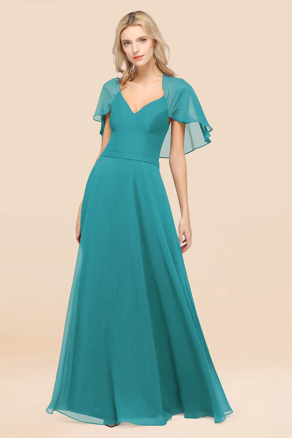 A-Line Chiffon Satin V-Neck Long Bridesmaid Dress with Sleeves