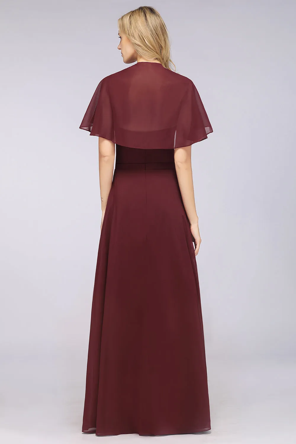 A-Line Chiffon Satin V-Neck Long Bridesmaid Dress with Sleeves