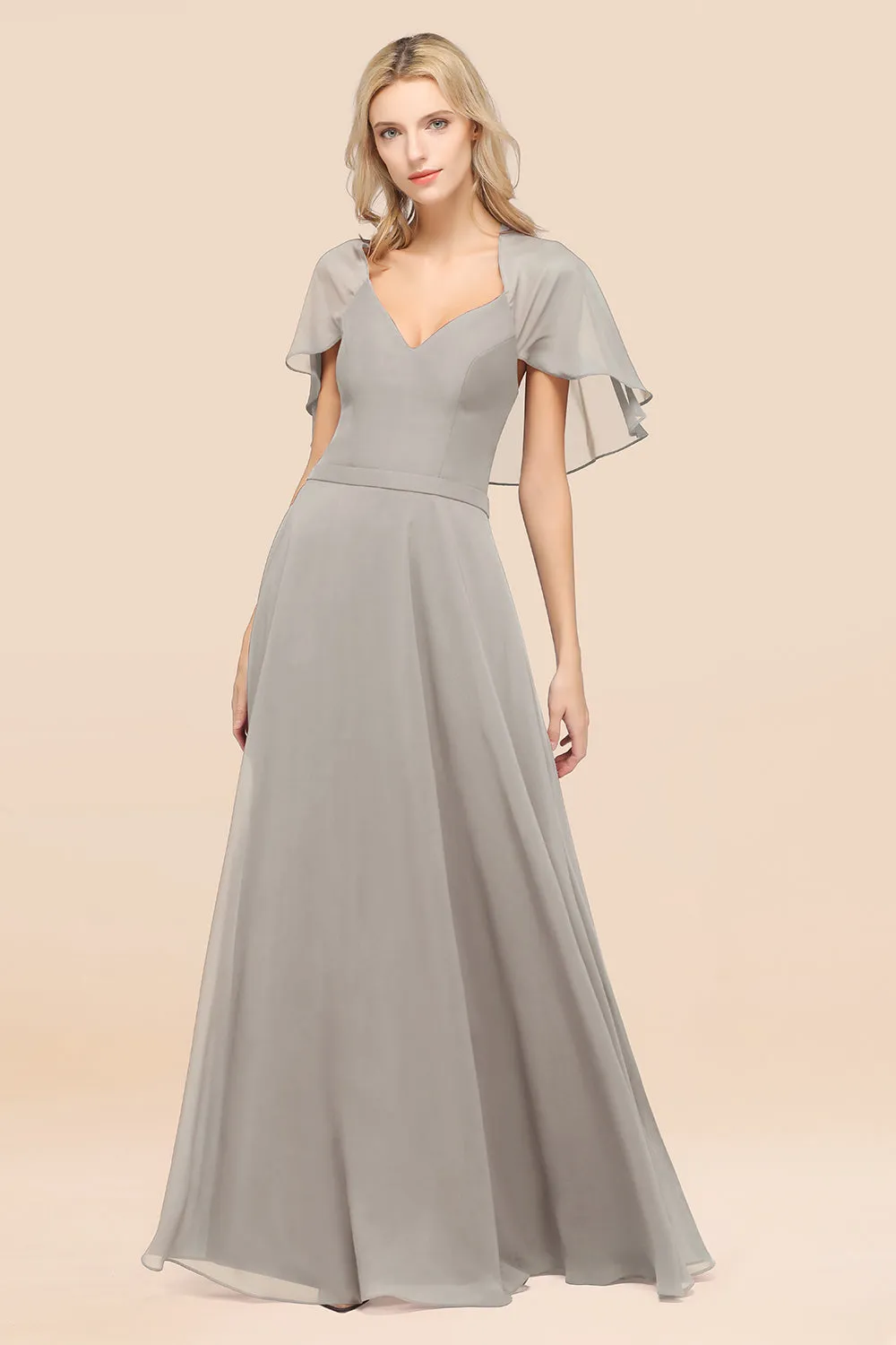 A-Line Chiffon Satin V-Neck Long Bridesmaid Dress with Sleeves